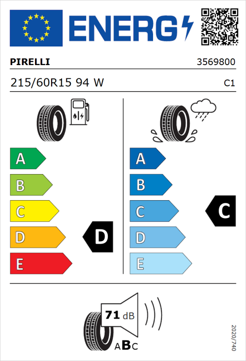 Tyre Label for Pirelli P6000 215/60R15 94W