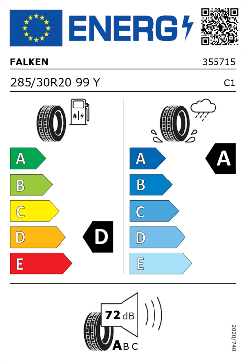 Tyre Label for Falken Azenis RS820 285/30R20 99Y
