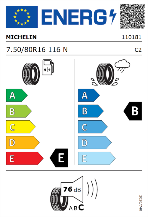 Tyre Label for Michelin 4x4 O/R XZL 7.50/80R16 116N