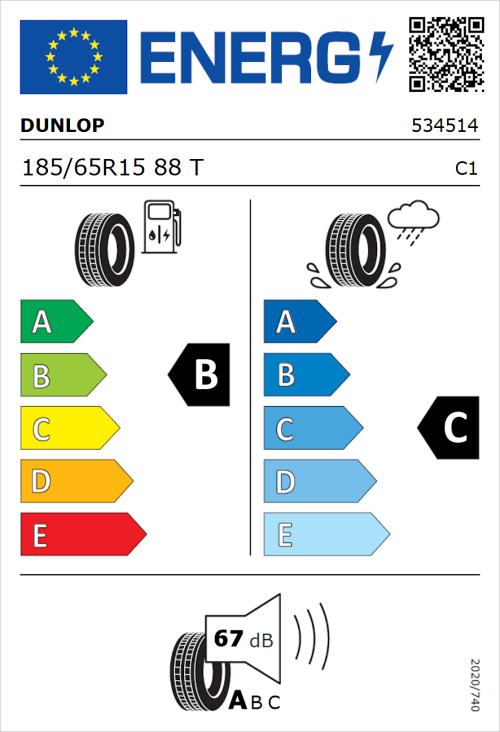 Tyre Label for Dunlop Enasave EC300+ 185/65R15 88T