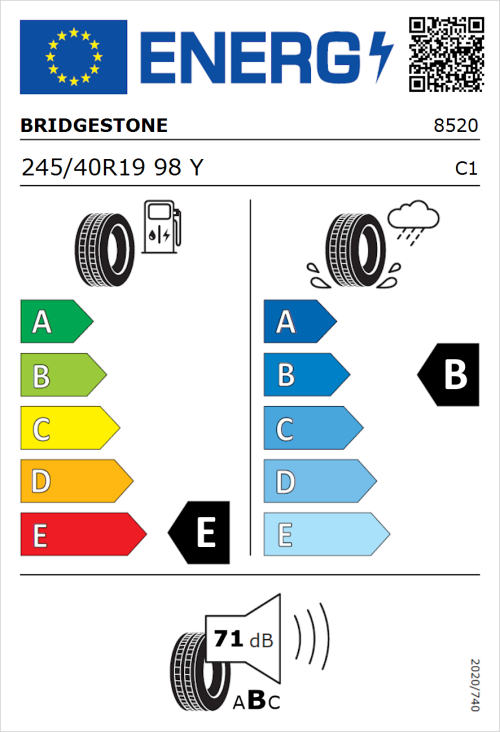 Tyre Label for Bridgestone Potenza RE050A 245/40R19 98Y